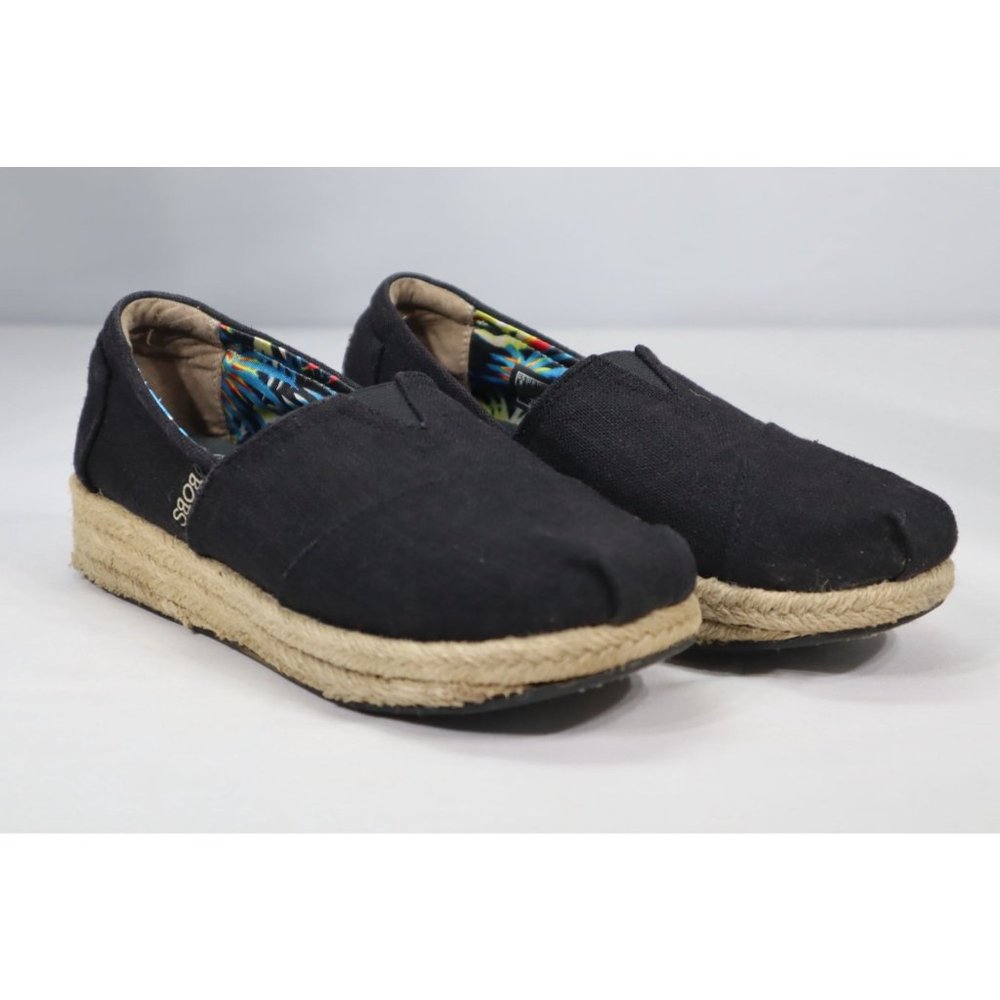 Bobs Skechers Black Canvas Espadrille Wedge Slip-on Shoes Women's size US 8